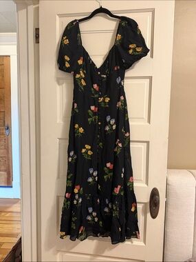 Reformation Black Floral Maxi Dress with Puff Sleeves